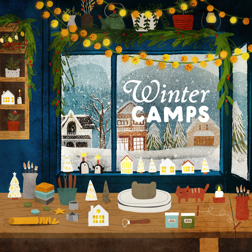 Illustration of a window display with 'Winter Camps' text, surrounded by festive decorations.